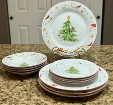 Gibson Christmas Tree Birds Dinnerware Set 12-Pc Plates Bowls Salads Holiday