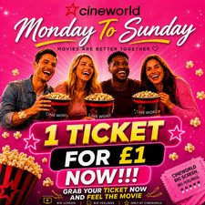 1x Cineworld Cinema Tickets For &pound;1.00: Valid Monday To Sunday - Read Description