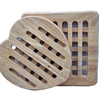 Vintage MCM Tead Wood Trivet Lattice Waffle Danish Modern Square Heart 2 in Set