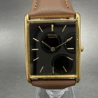 Seiko Tank Watch Men 25mm Black Gold Tone Rectangle V700-5K30 New Battery