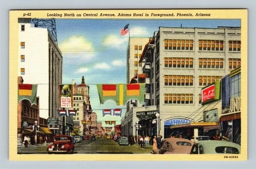 Phoenix AZ, Central Avenue, Adams Hotel, Coca-Cola, Arizona Vintage Postcard