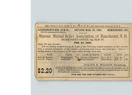 1882 Asociación Masónica de Socorro de Manchester, NY anunciando muertes, tarjeta postal - Imagen 1 de 2
