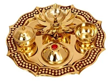  Brass Puja Thali Set, Religious Spiritual Item, Home Temple, 8.1" Inc