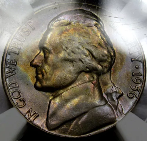 1956-D Jefferson Nickel Superb Gem BU NGC MS-66 Beautiful Toning, Rainbow Tones!