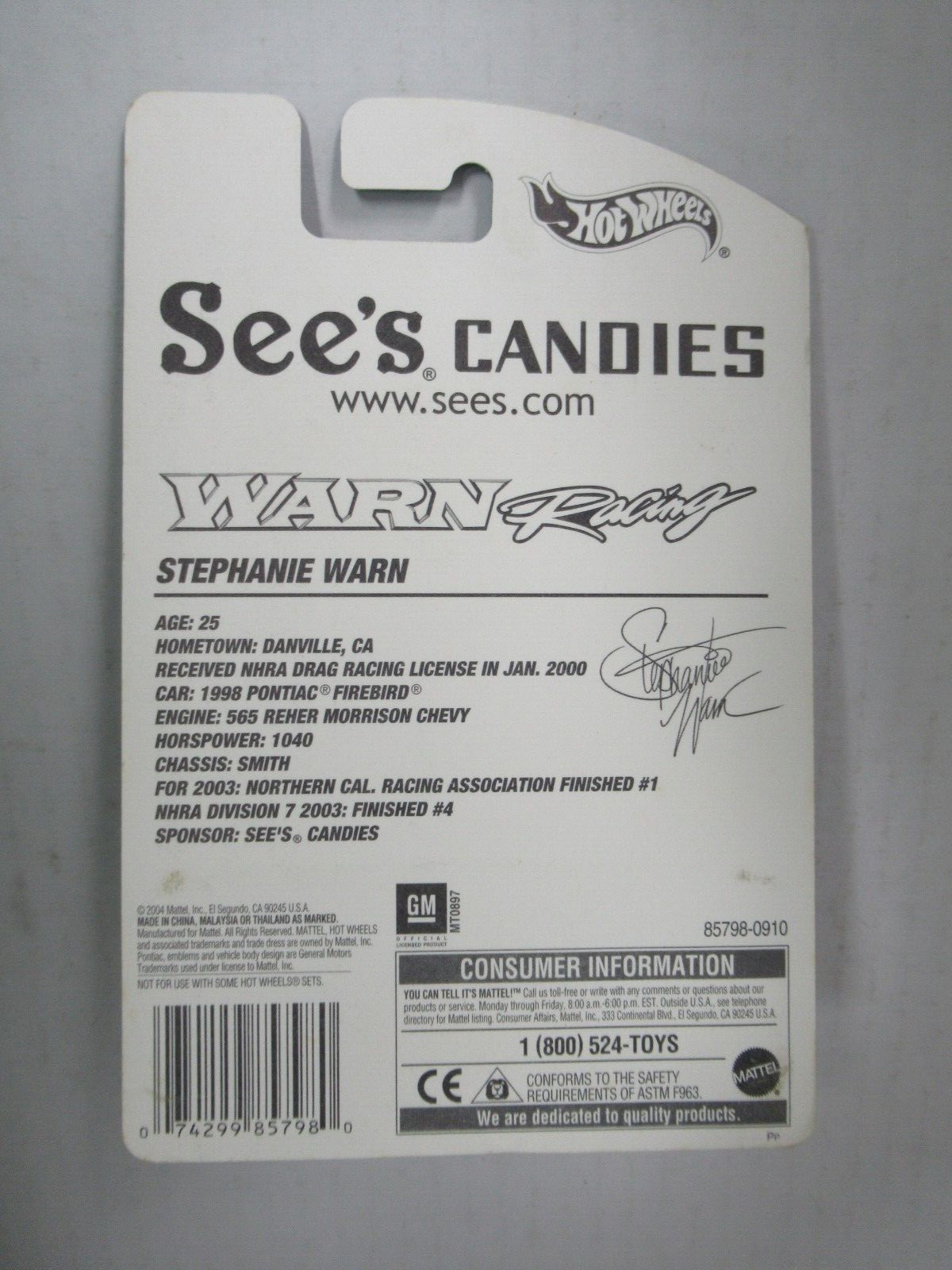 2005 Hot Wheels See's Candies WARN Racing Pro Stock Firebird