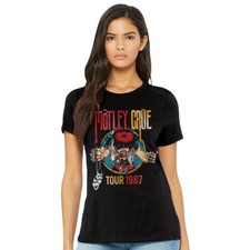 Camiseta para mujer Motley Crue 1987 gira mundial negra metal banda de rock mercancía musical