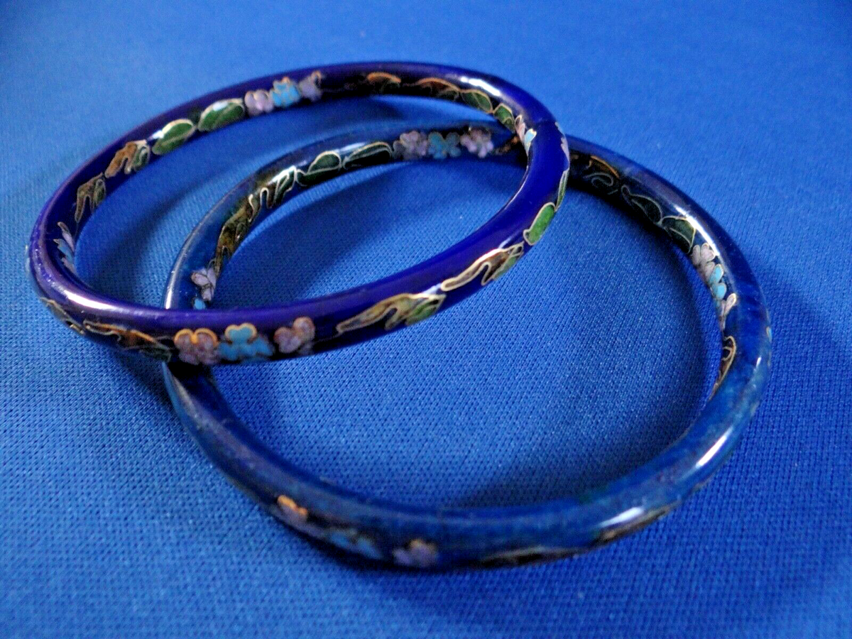 Bracelet Cloisonné Asiatique Bleu - Bijou Vintage Artisanal, Occasion
