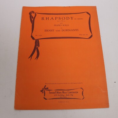 Dohnany Rhapsody E Flat Minor Op 11 No 4 Piano  Sheet Music 1935 Edward B Marks