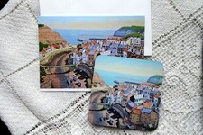 Staithes Harbour Yorkshire Coast - Sous-verre et carte de peinture à l'huile originale