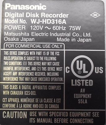 PANASONIC WJ-HD316A 16 CHANNEL DIGITAL DISK RECORDER 250/500 HDD
