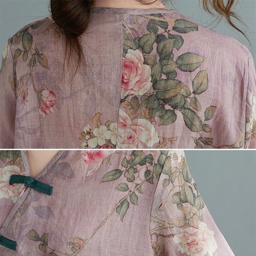 Damen Leinen Baumwolle Blumen Bluse Hemd Ethnisch Frosch Knopf Irregular Hem Top - Picture 10 of 11
