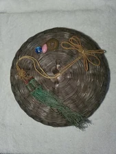 Pine Needle Sewing Basket Chinese Coins Beads handmade vintage 