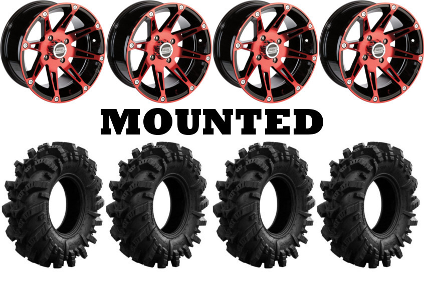Kit 4 SuperATV Intimidator Tires 28x1014 on Moose 387X Red Wheels TER