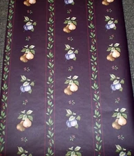 Vintage Plums, Pears & Red Berries on Vines with Red Stripe on Dark Purple 20103