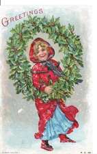 T11-80053 Antique Christmas Postcard circa 1910 Little Girl Huge Wreath in snow