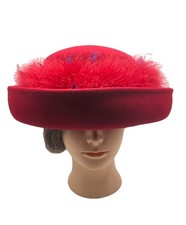 SCALA Womens Round Red Wool Hat Ostrich Feathers Church Derby Size Medium