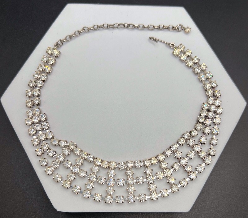 Vintage Clear Prong Set Rhinestone Choker Necklace Silver Tone Metal 11.5”-14.7”