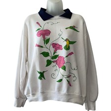 VINTAGE 80s Morning Sun Hummingbird Graphic Sweatshirt with Polo Collar Size Med