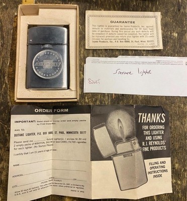 Vtg Sarome Flip Top Cigarette Lighter Chevrolet Chevy Orig Box collectible Japan