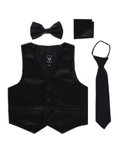 iGirlDress Boys 4 Piece Formal Satin Vest Set Zipper Tie Bowtie Hanky Black