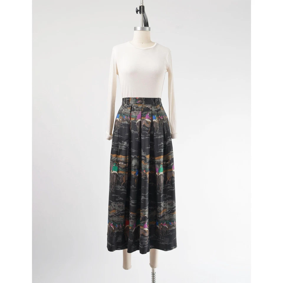 Maxi Falda Plisada Estampado Ecuestre Años 80 Estampado Caballo Paisaje M Foto 2 de 4