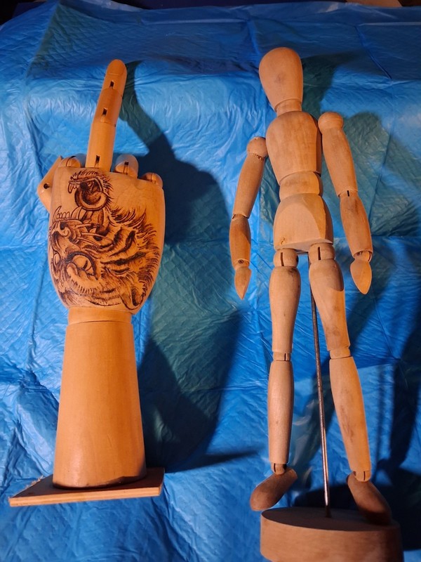 Wood  Articulated Hand W/woodburned Tattoo  & Person Artist  Drawing Models