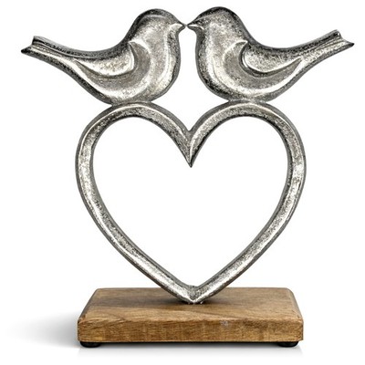 Premium Deko-Aufsteller Herz mit Vögeln - Metallfigur Mangoholz-Sockel
