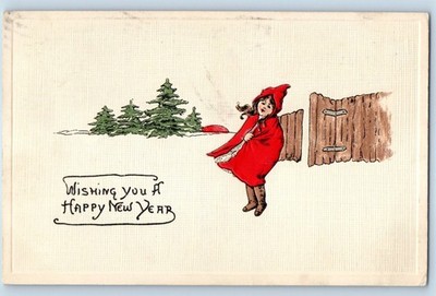 c1910's New Year Child Girl Windy Winter Scene Pine Trees Embossed Postcard
