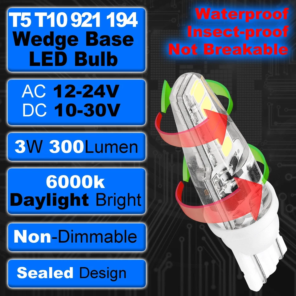 15W 20W T5 T10 Wedge Base LED Light Bulb 300lm AC/DC 12V-24V Daylight White 6... - Image 2 of 4