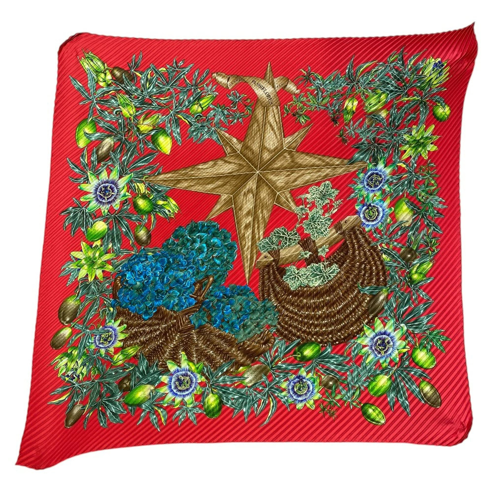 Hermes Scarf Passiflores Passion Flower Pleated Carre 90 Silk Red Multicolor