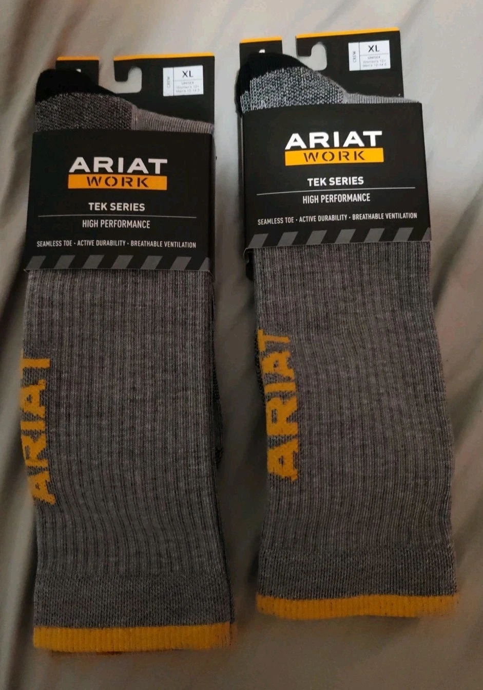 2x Ariat Work Tek Series High Performance Mid Calf Socks Unisex XL Gray