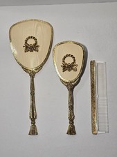 Vintage Brass Gold Plated Vanity Dresser Hand Mirror Brush Comb Stylebuilt Set