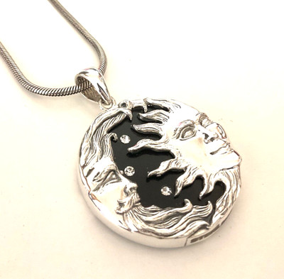 Peace & Harmony Sonne & Mond Gesicht Sterne Sterlingsilber schwarz Anhänger Halskette neu