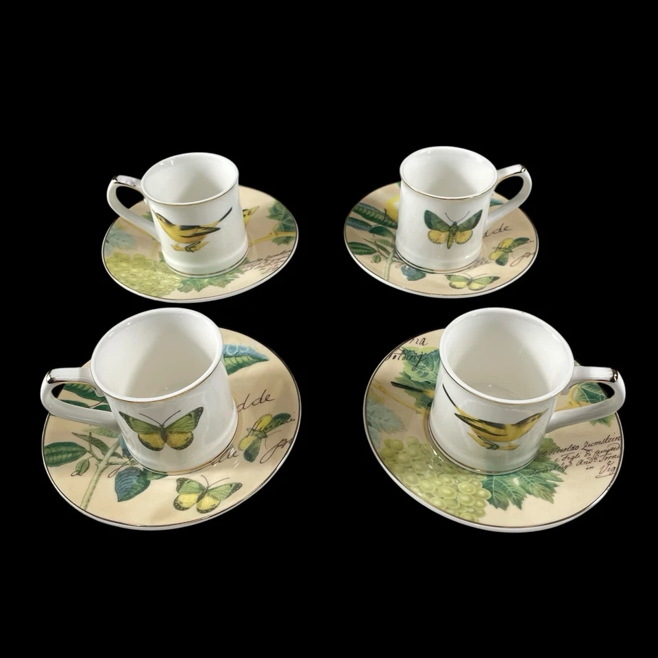 Grace's Teaware 黄色绿色鸟类和蝴蝶 S/4 浓缩咖啡杯和茶碟 全新 — 第 3/4 张图片