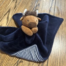 Carters - Brown Cow Bull Buffalo - Plush Security Blanket Baby Lovey Blue Stripe