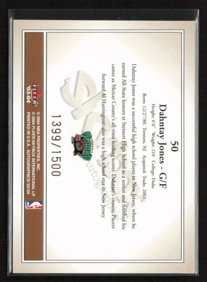 Dahntay Jones 2003-04 SkyBox Autographics #50 /1500 Memphis Grizzlies - Image 2 of 2