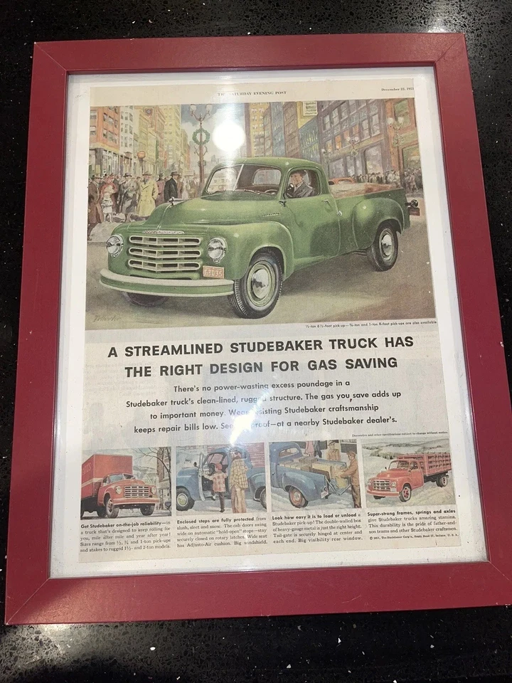 TWO FRAMED 1950 s Studebaker Trucks new models city work trucks VINTAGE ART - Image 2 of 4