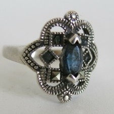 Sterling Silver Ring Blue CZ Marcasite 2.7g Size 7 6075