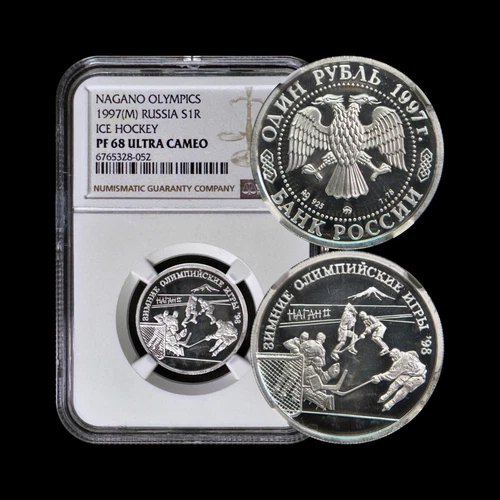 RUSSIA. 1997, 1 Rouble, Silver - NGC PF68 - Top Pop 🥇 Hockey, Moscow, Nagano