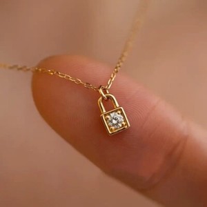 Authentic 0.20 Ct Round Real Moissanite Lock Shape Pendant Necklace 14K Yellow Gold Plated