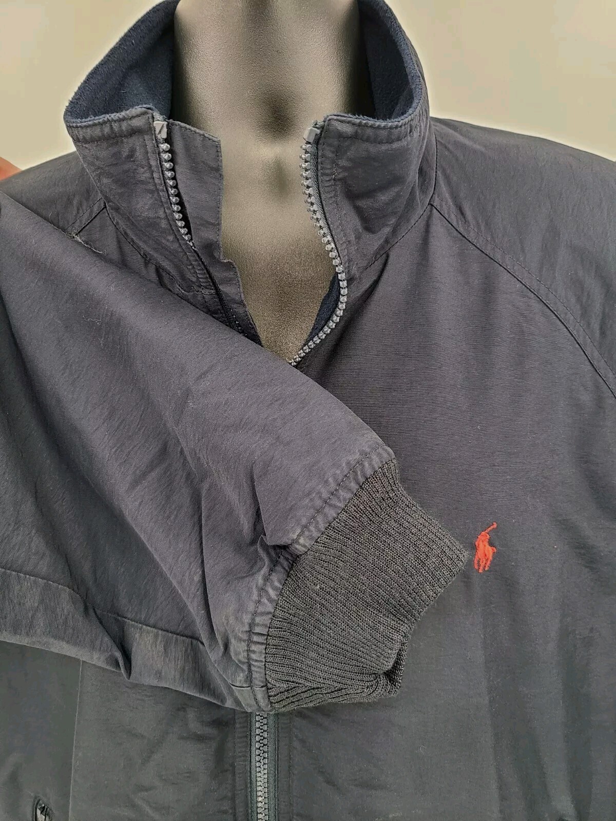 Giacca cappotto vintage Ralph Lauren XL nero foderato pile zip intera termica rosso pony uomo