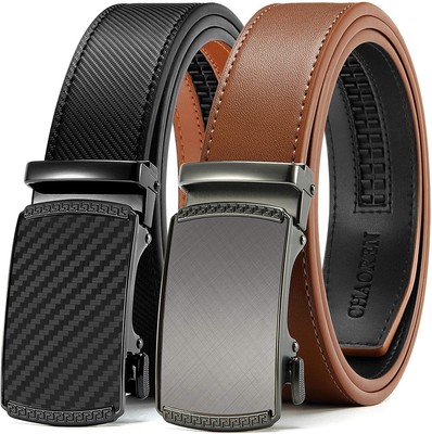 Men's Belt Leather Ratchet 2 Pack Click Sliding Buckle Adjustable Trim To Fit