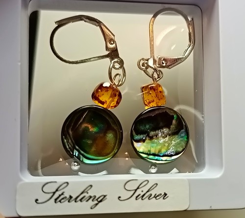 Earrings High Quality Shell Abalone, Natural Genuine Amber, Silver 925,gift - Picture 9 of 12