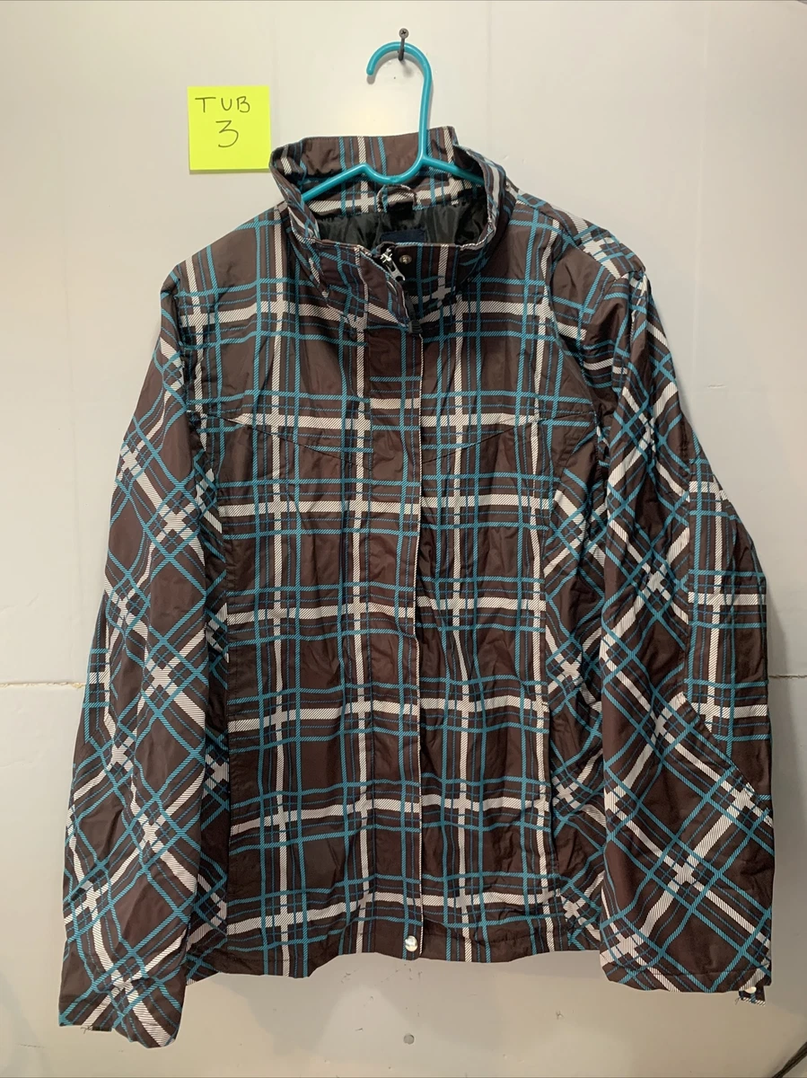 Faded Glory Brown Plaid Rain Jacket women s size XL snap on hood