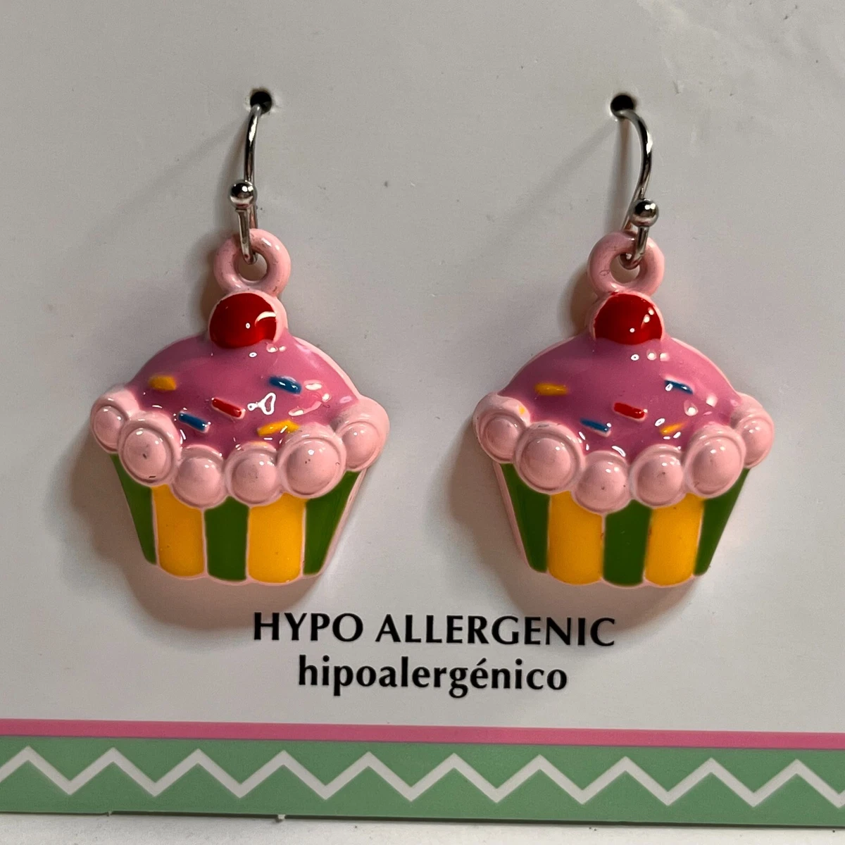 Pink Cupcake Earrings Hypo Allergenic Dangle Bakers Cakes Plastic New on Card