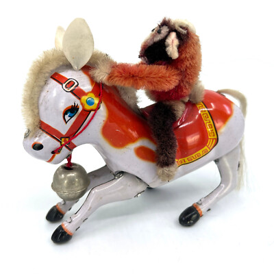 Litho Tin Toy Chenille Stem Monkey riding Horse Wind Up works 1970s no key Vtg