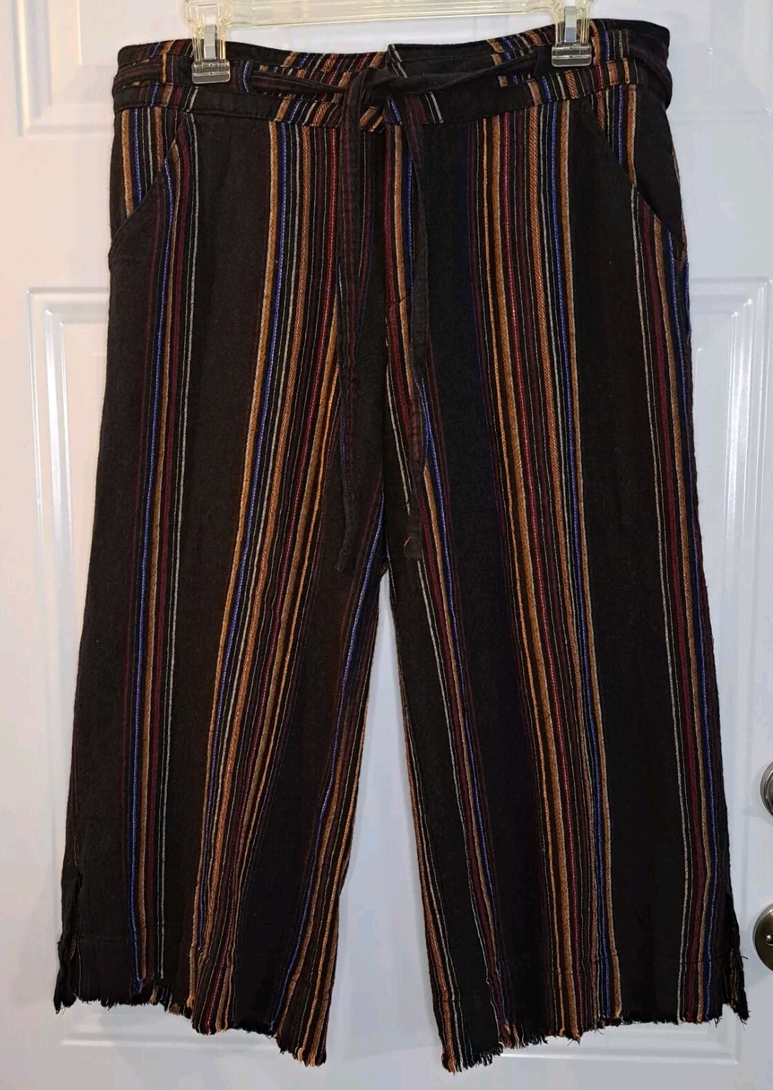 Democracy Linen Blend Wide Leg Crop Pants Womens Size 6 Striped Raw Hem Black