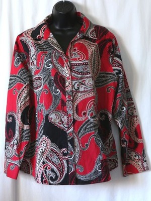 CHICO'S Black/Red Paisley No Iron VNck Blse 46 In Chst 28 In Lng  Sz 3 (XL) EXC