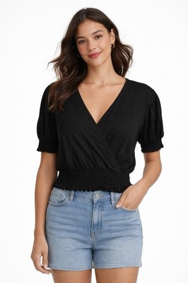 Goldie Tees Short Sleeve Crossover Smocking Top Black 100% Pima Cotton Womens Sm
