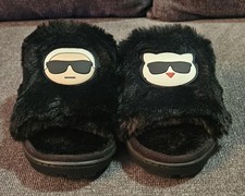 Karl Lagerfeld Paris Faux Fur Slippers Women Size 8 Black Iconic Logo New No Box
